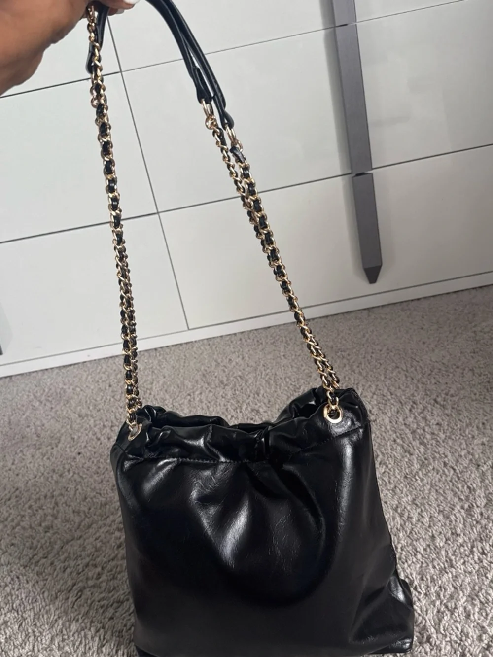 Black Soft Leather Chain-Handle Women's Shoulder Bag